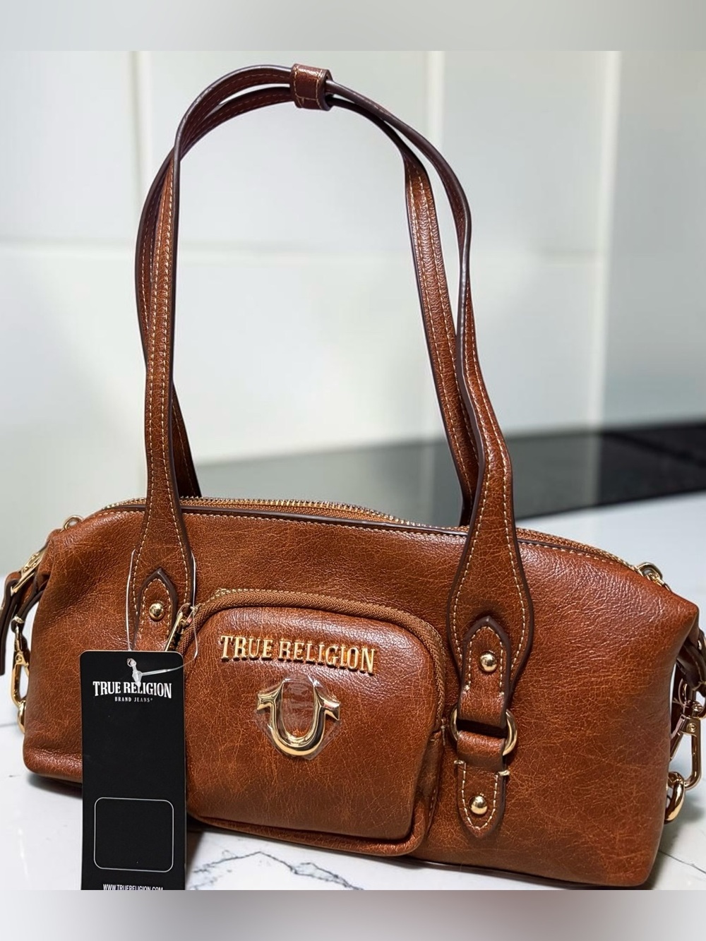 NWT True Religion Brown Shoulder Handbag with Gold Hardware and Logo Lining